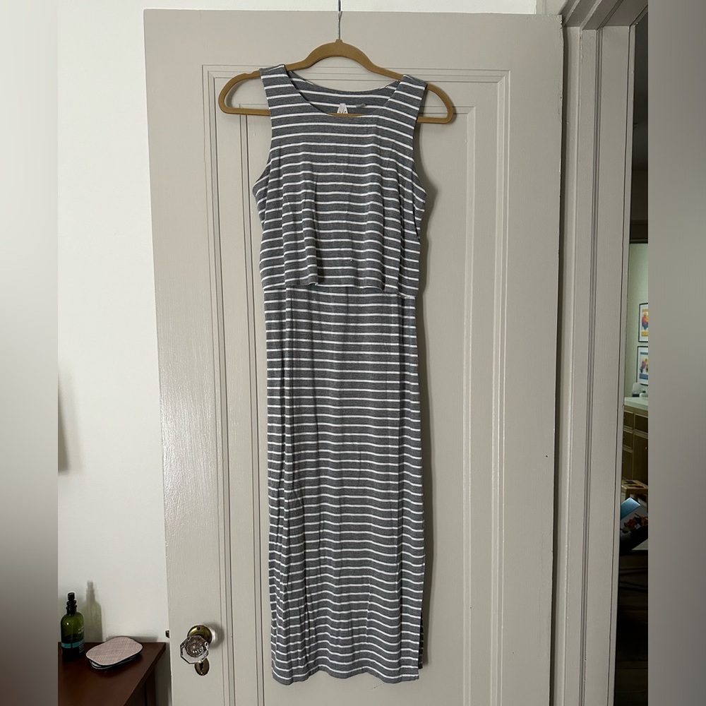 Seraphine Grey Stripe Maternity & Nursing Midi Dress